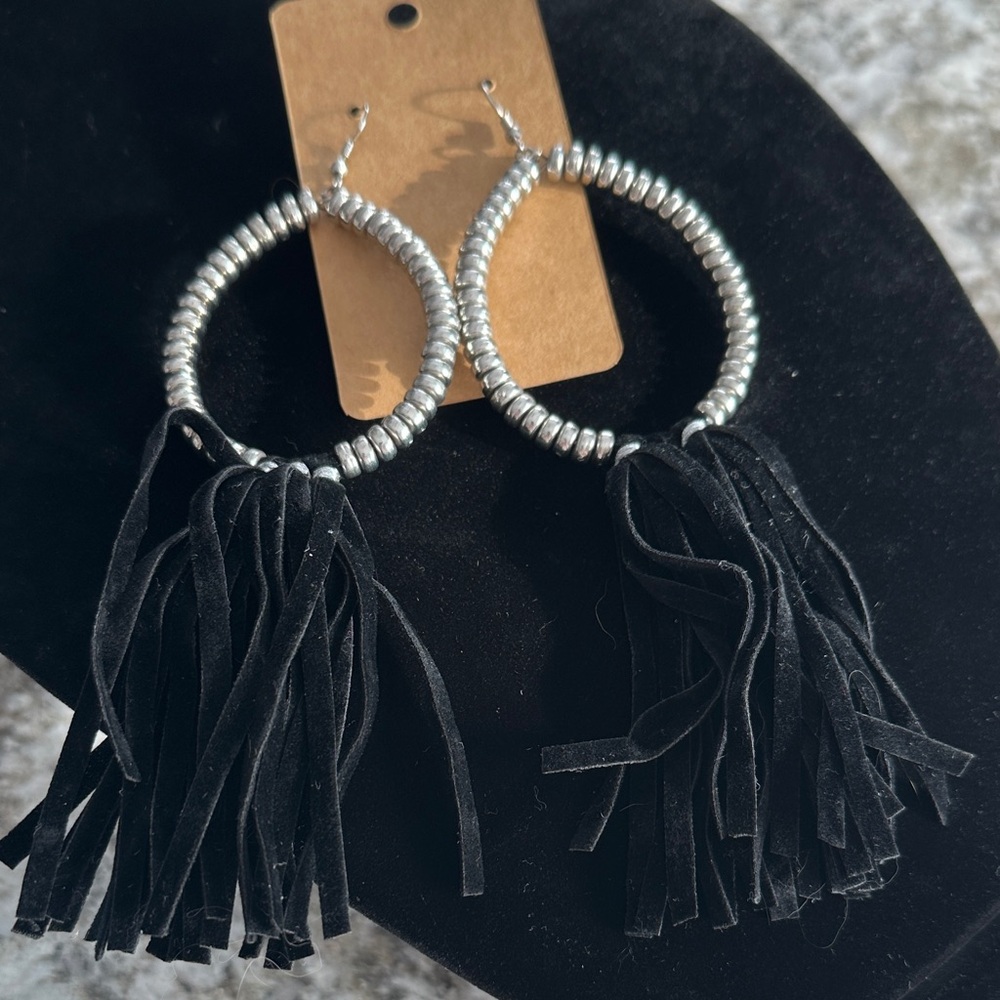 Silver and Black Fringe Hoop Earrings